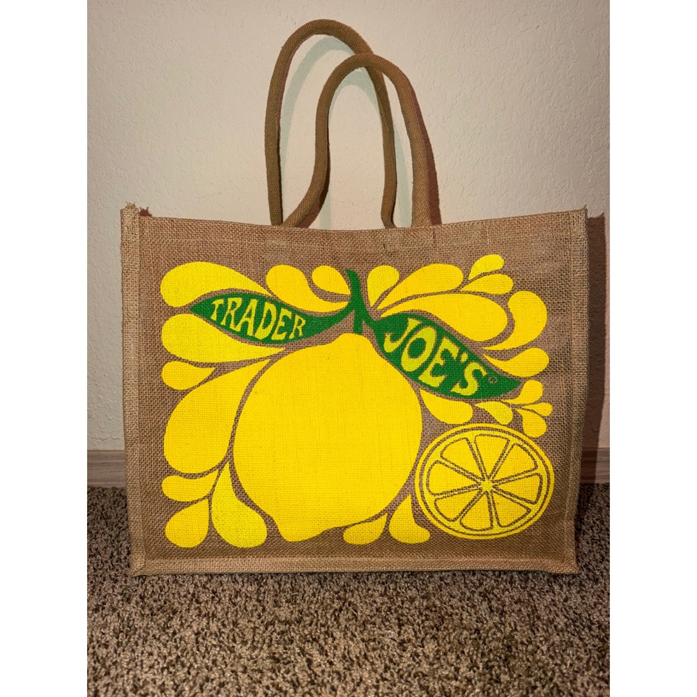 Trader Joes Lemon Jute Burlap Reusable Grocery Tote Bag Yellow Green Eco Bag